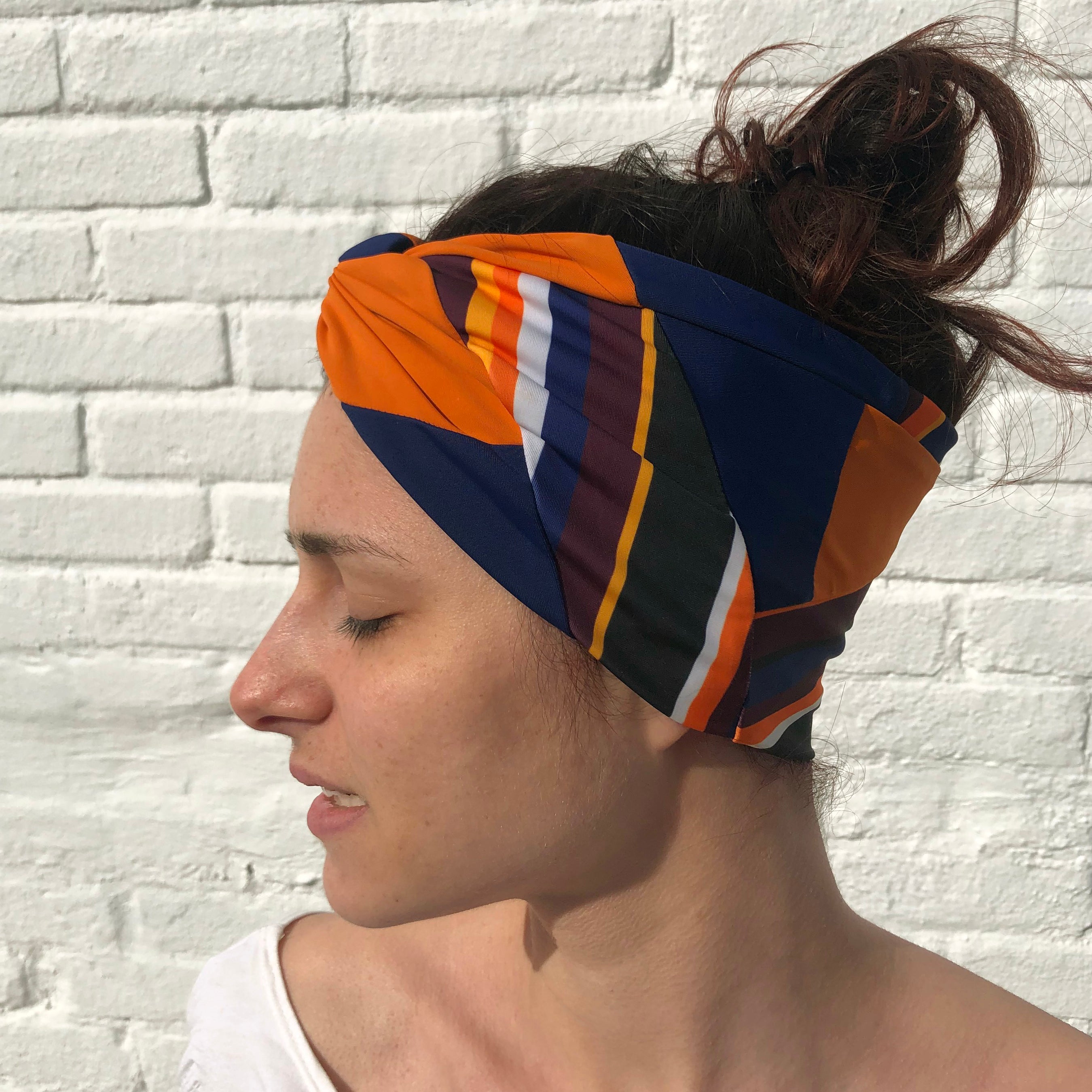 Twisted headband - color block Orange/Night blue /Stripes - Selfish swimwear Headband