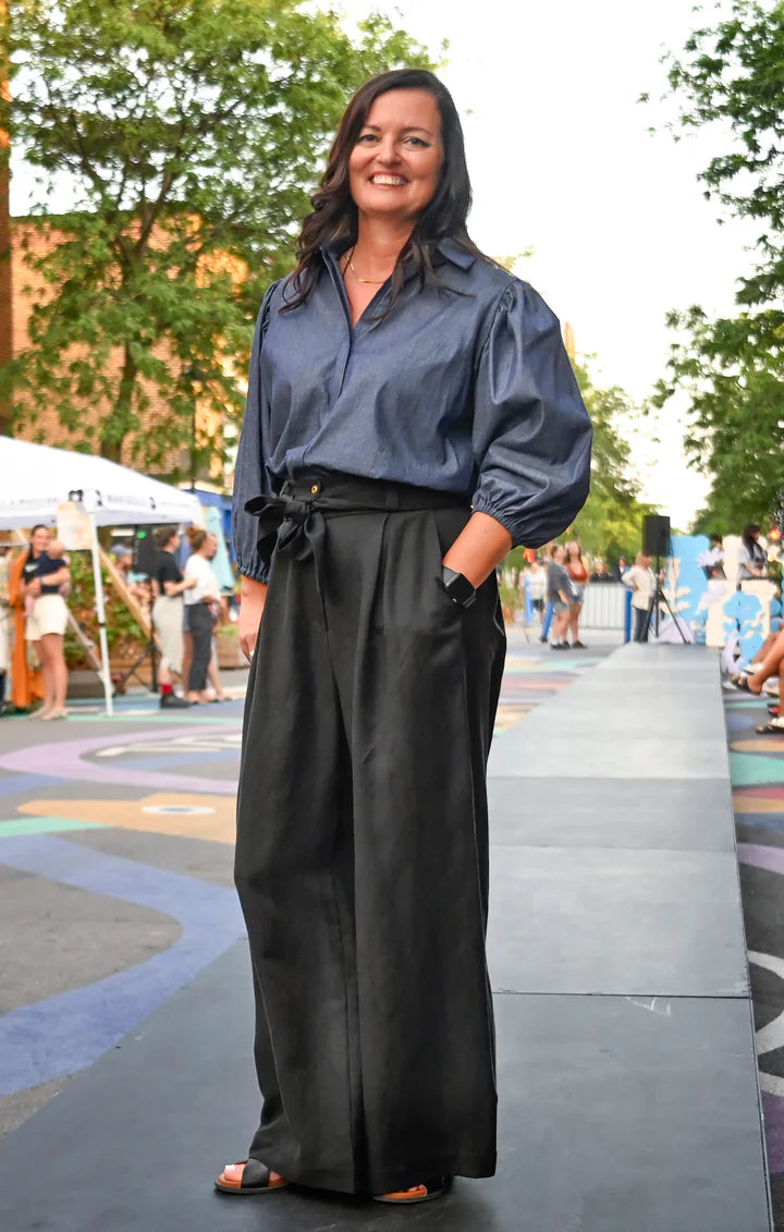 MARIGOLD - Baptiste - Chambray puff-sleeve shirt dark blue