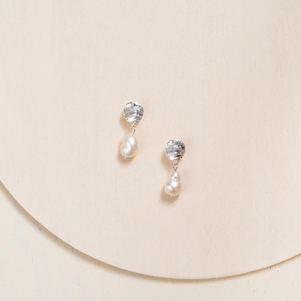 Fossil Drop Earrings with Baroque Pearl - Ivory