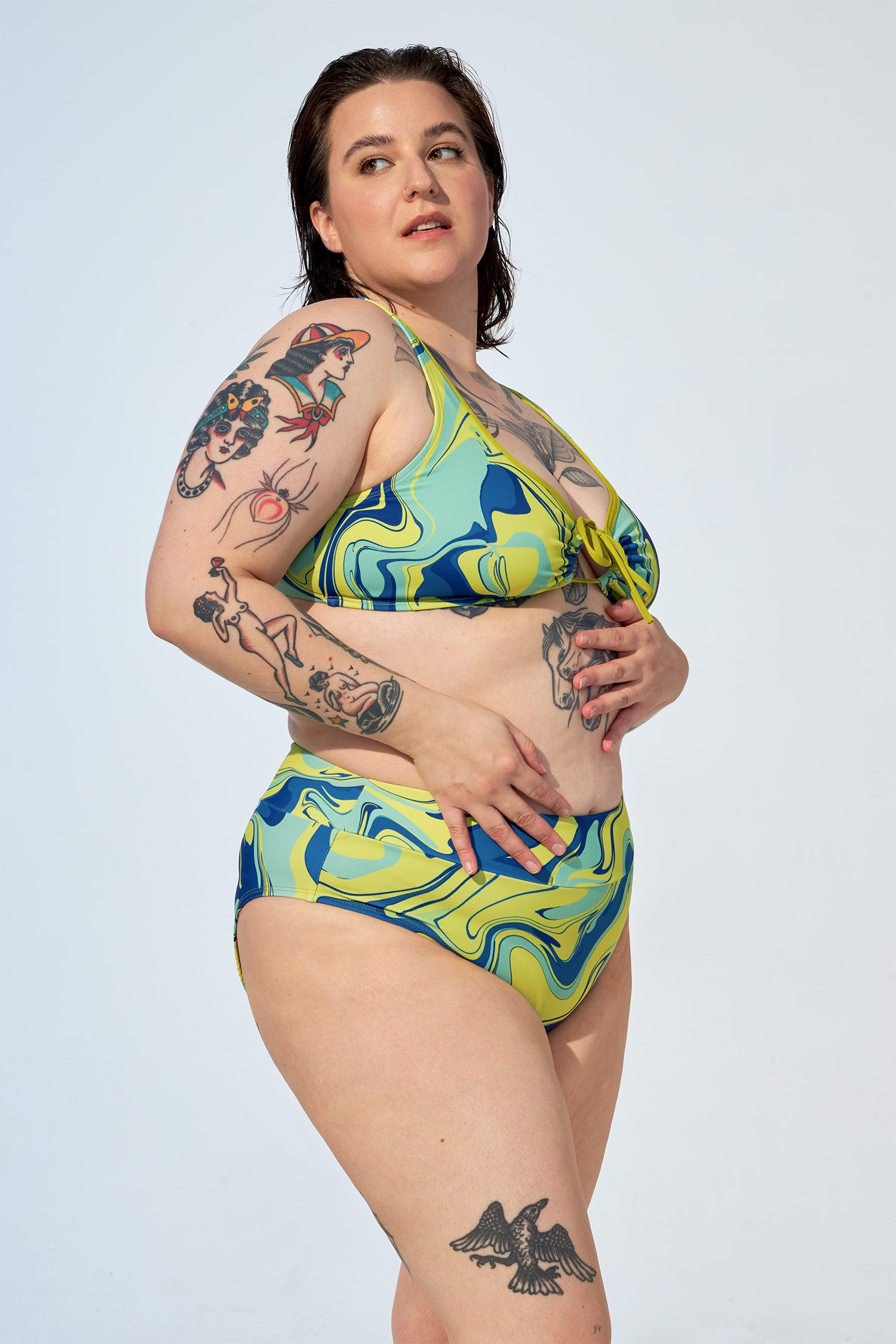 ANALIE – Bas de bikini taille haute en imprimé vert marbré