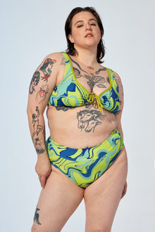 ANALIE – High waist bikini bottom in Green marble swirls print