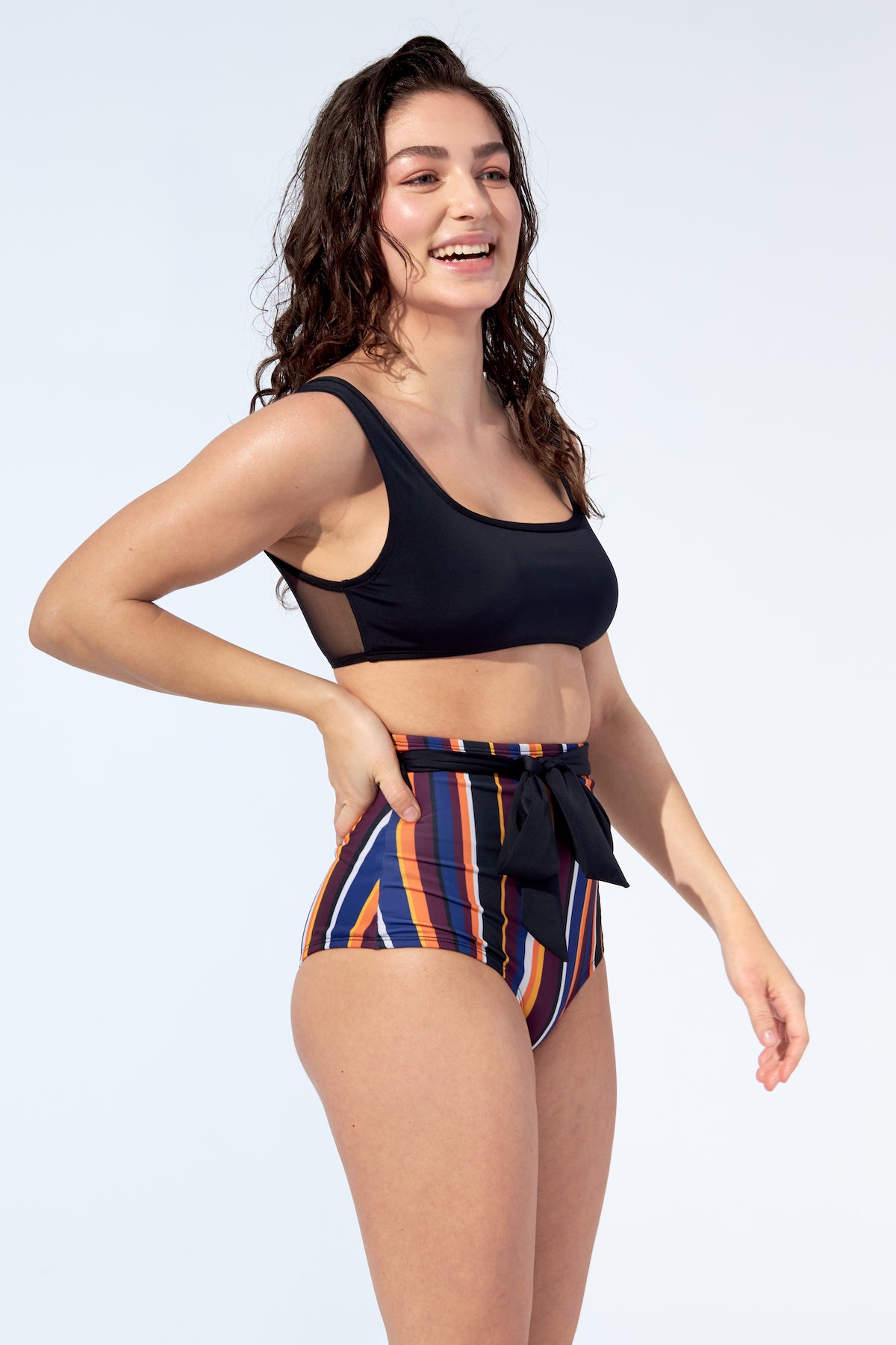 FLORENCE – Bikini high waist bottom with belt in Stripes