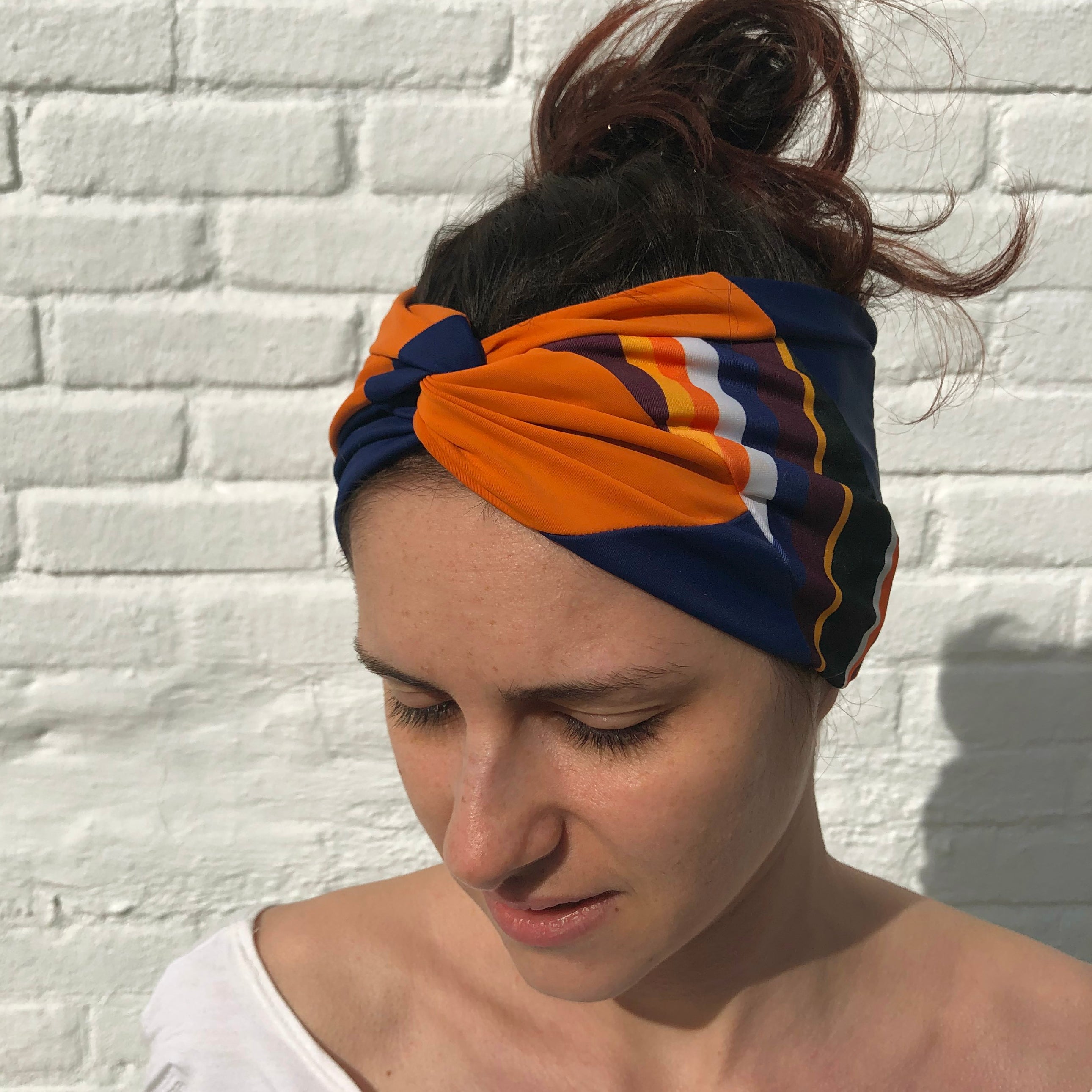 Twisted headband - color block Orange/Night blue /Stripes - Selfish swimwear Headband